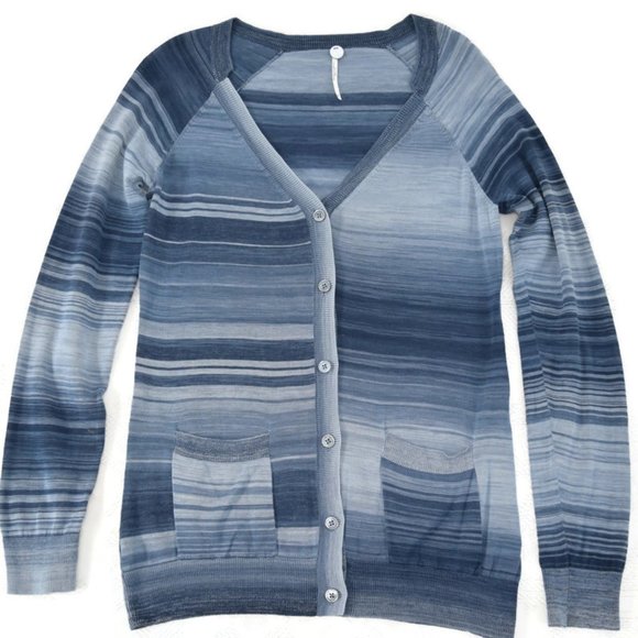 Margaret O’Leary Blue Stripe V-Neck Button Cardigan Womens Sweater 100% Cotton M - Picture 1 of 12
